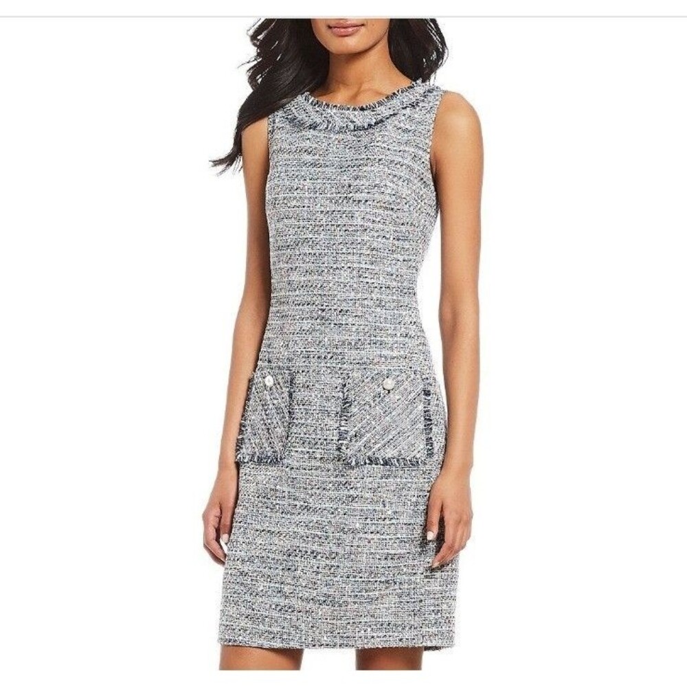 Karl Lagerfeld Paris Dress Size 2 Blue Tweed Fringe Pearl Sheath Sleeveless